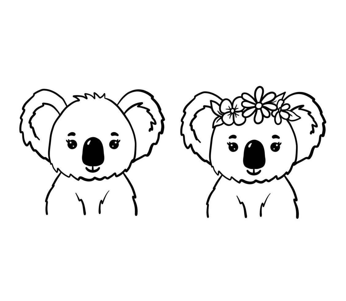 schattig koala in bloemen lauwerkrans. lijn Australisch dier .vector schets illustratie geïsoleerd Aan wit achtergrond vector