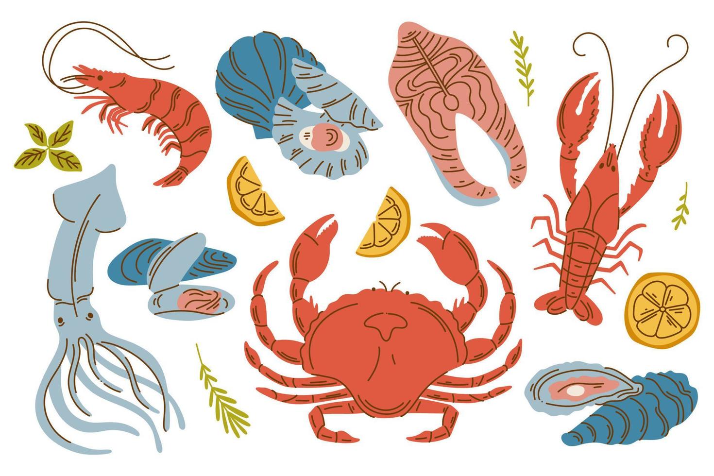 vector hand- getrokken zeevruchten set. kreeft, Zalm, krab, garnaal, Octopus, inktvis, mosselen. heerlijk menu voorwerpen verzameling voor restaurant, Promotie markt op te slaan folder