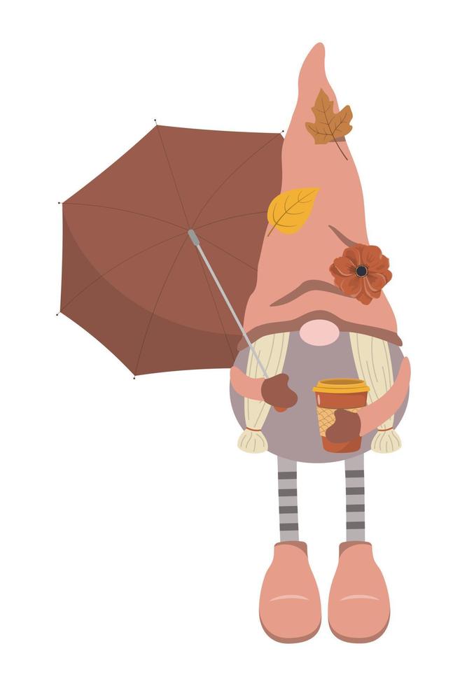 schattig tekenfilm herfst humeur gnoom meisje Holding koffie kop en paraplu. geïsoleerd Aan wit achtergrond. vallen vakantie karakter. vector