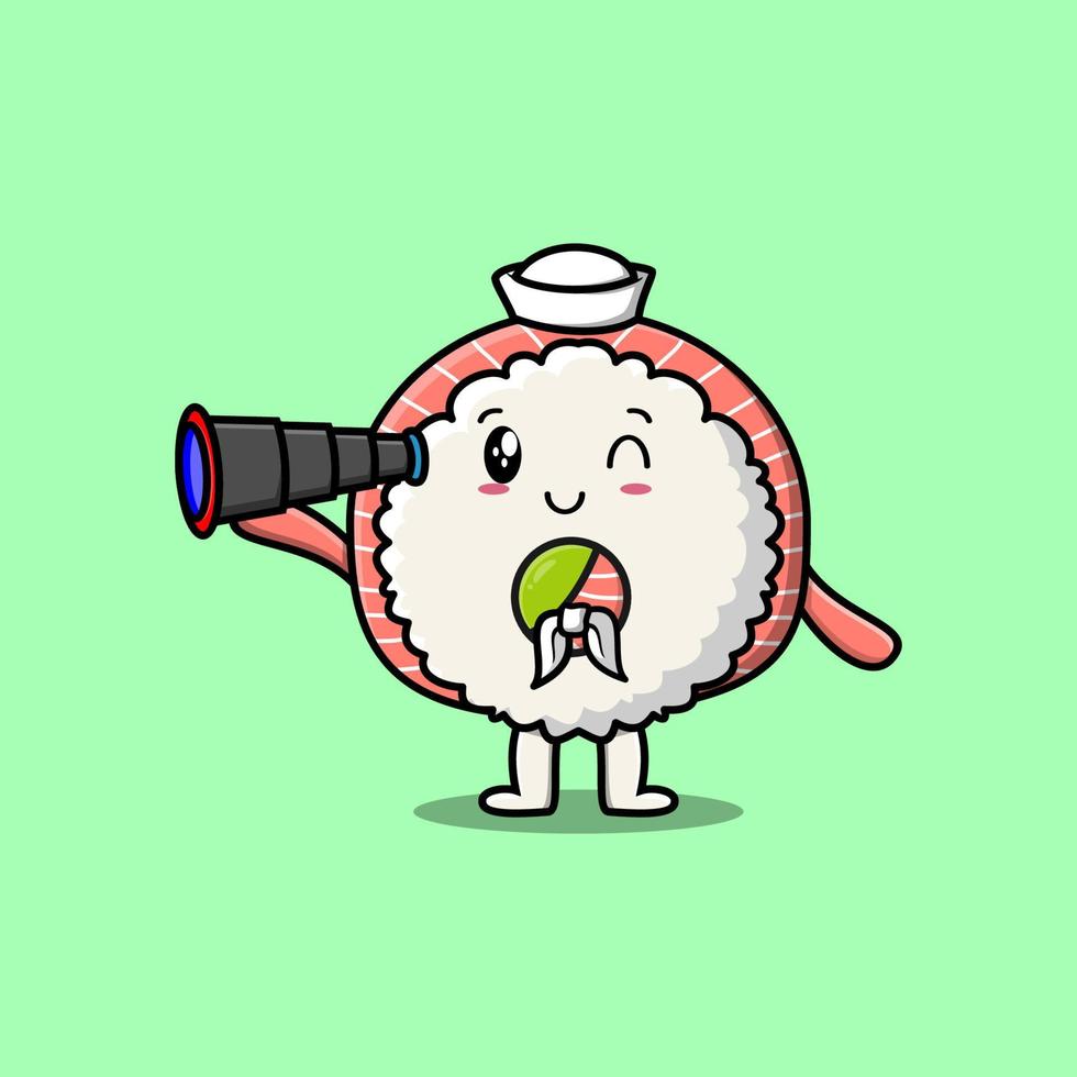 schattig tekenfilm rijst- sushi broodjes sashimi matroos vector