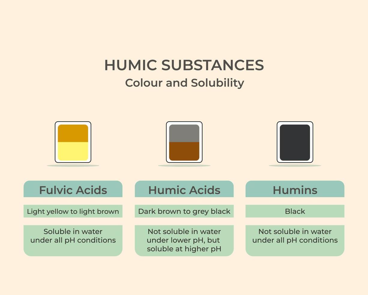 humus stof gebaseerd Aan kleur en oplosbaarheid. humus zuur, fulvisch zuur, humin vector