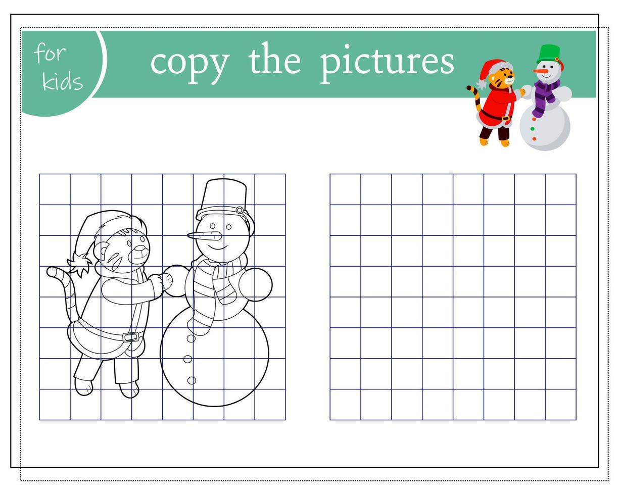 kopiëren de afbeelding, leerzaam spellen voor kinderen, tekenfilm tijger beeldhouwt een sneeuwman. vector geïsoleerd Aan een wit achtergrond.