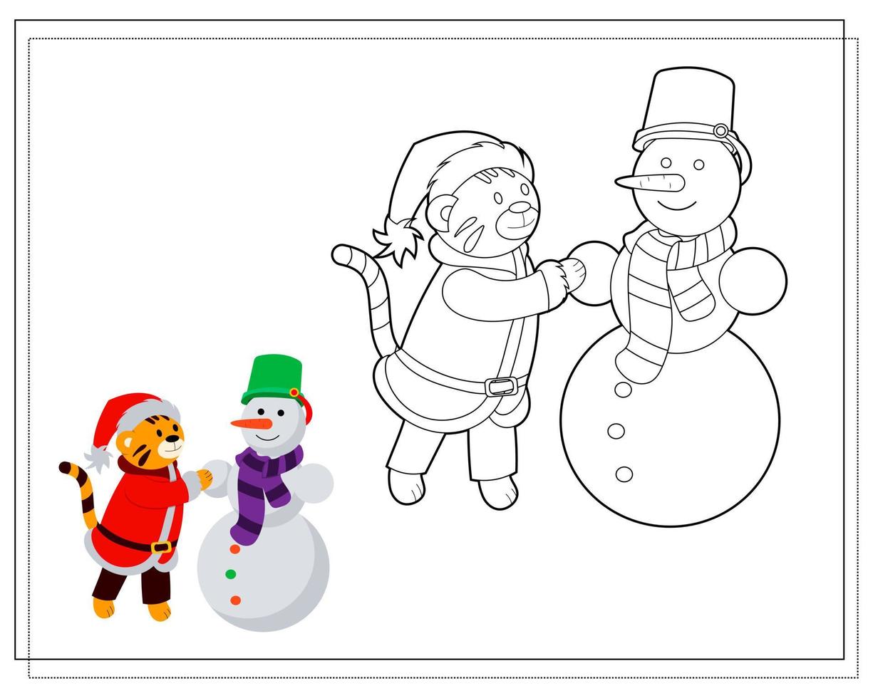 kleur boek voor kinderen, tekenfilm tijger beeldhouwt een sneeuwman. vector geïsoleerd Aan een wit achtergrond.