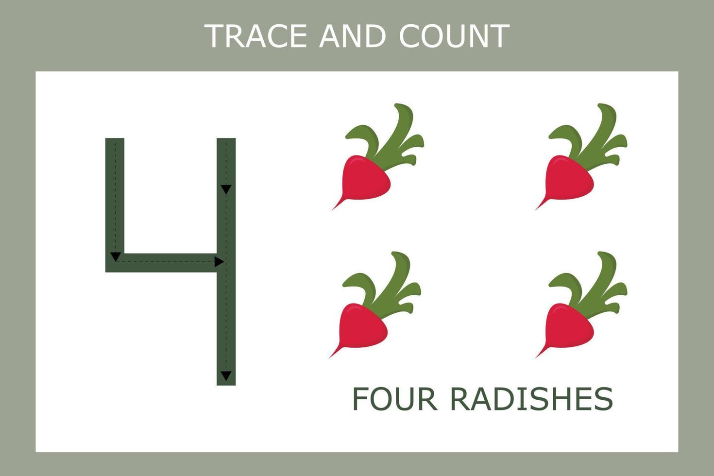 een spel van traceren de contouren van de aantal vier met radijs . peuter- werkblad, kinderen werkzaamheid vel, afdrukbare werkblad vector