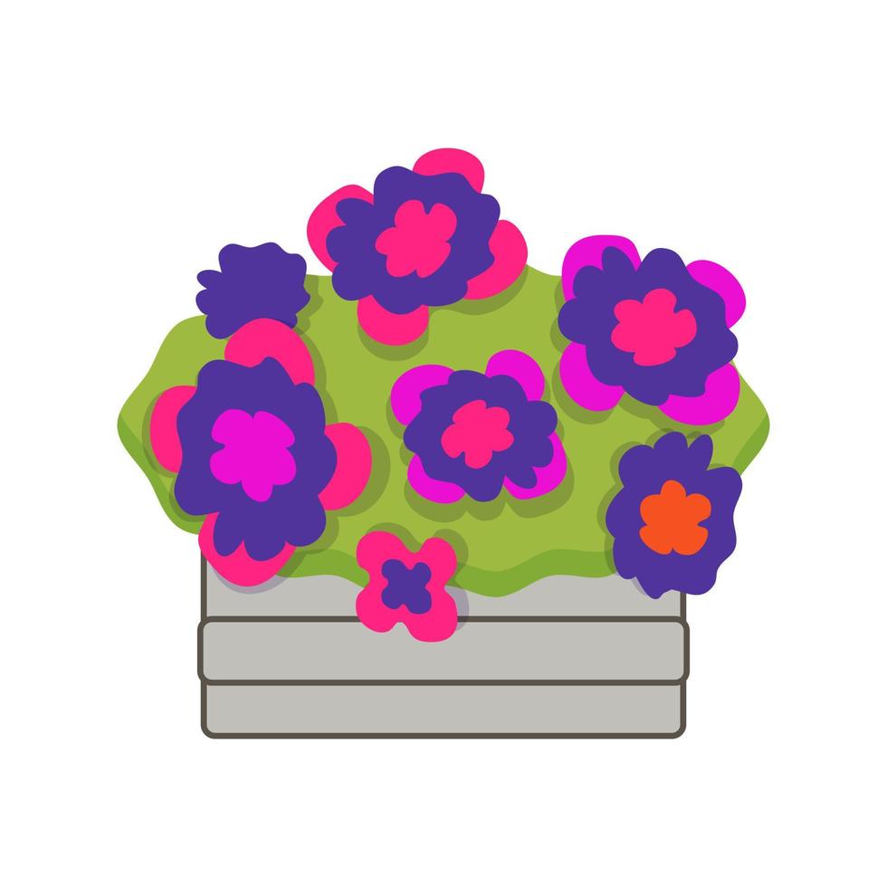 heldere bloemen in een houten kist. vector cartoon illustratie