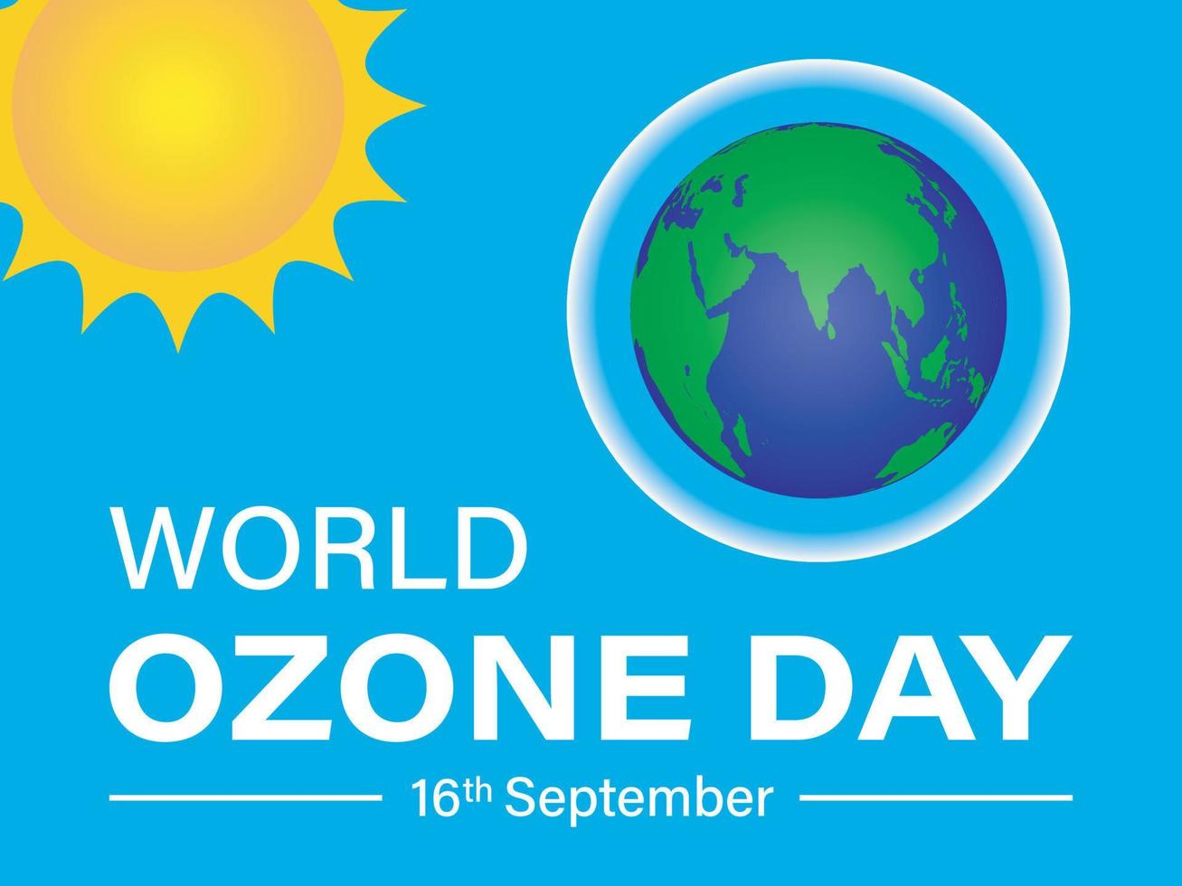 wereld ozon dag poster vector illustratie. behoud van ozon laag post met licht blauw achtergrond en 3d wereldbol en zon.