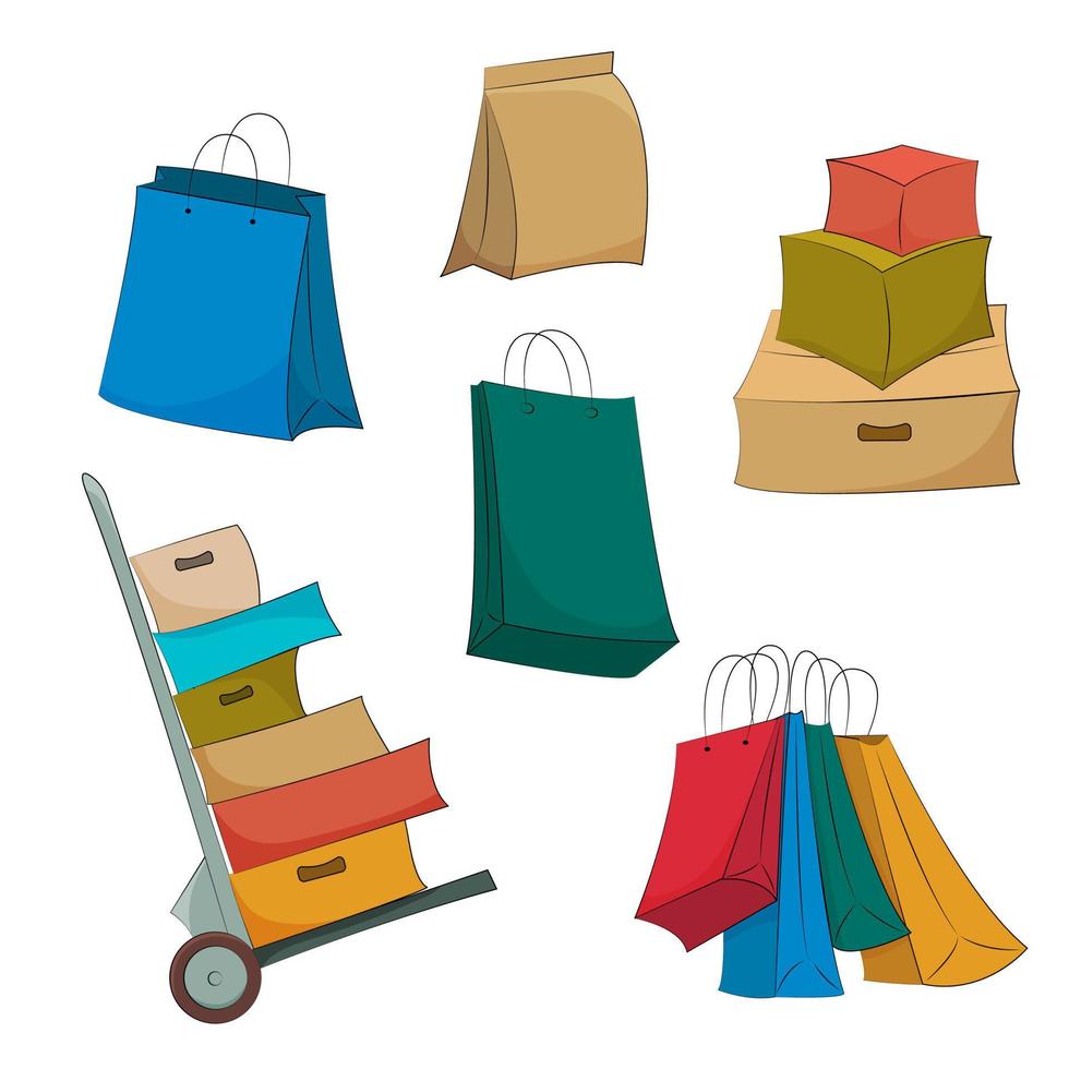 papier Tassen en boodschappen doen dozen. de concept van milieuvriendelijk vriendelijk verpakking en levering van goederen. vector illustratie.