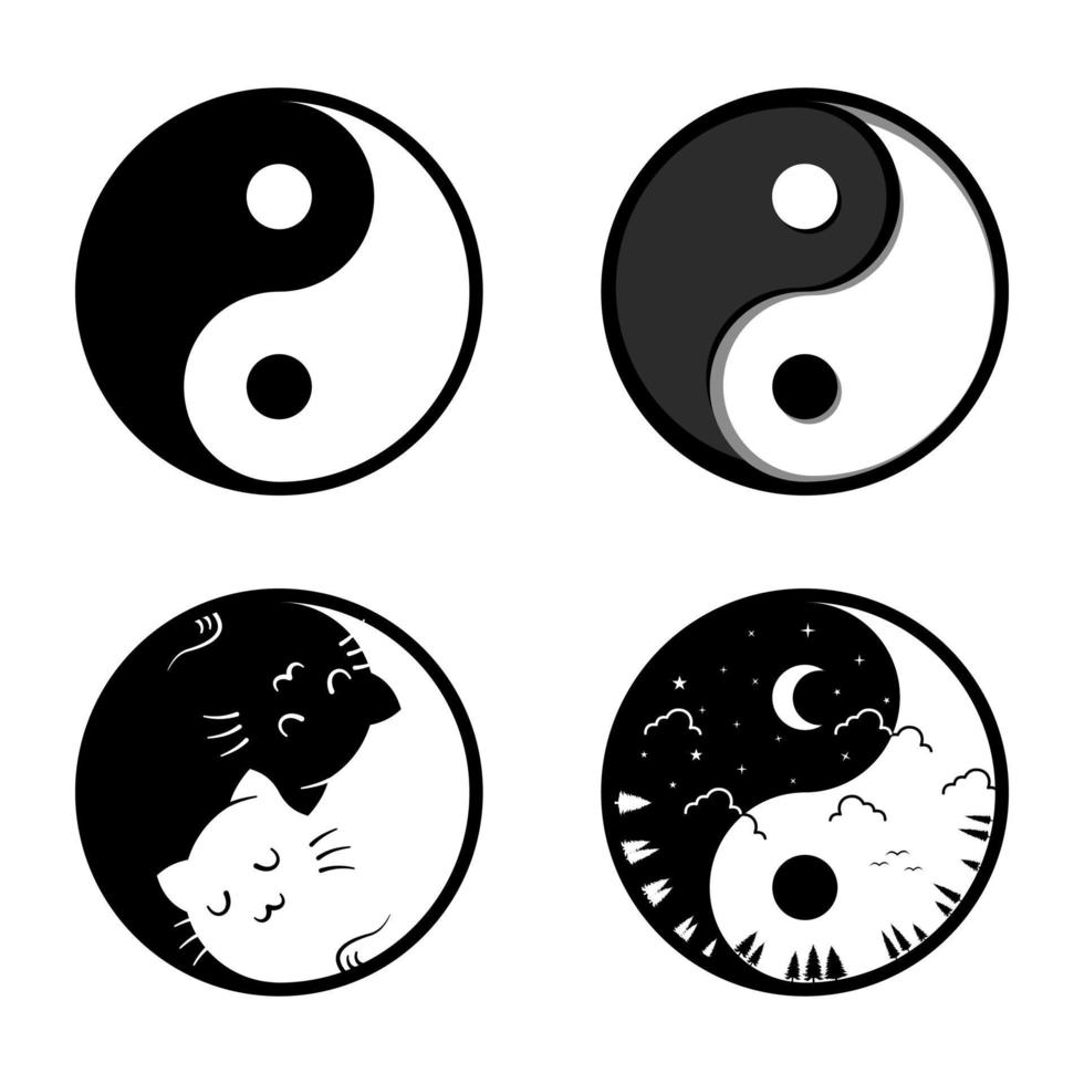 yin yang reeks 4 stijlen. zon, maan, licht, nacht, kat, zwart en wit vector