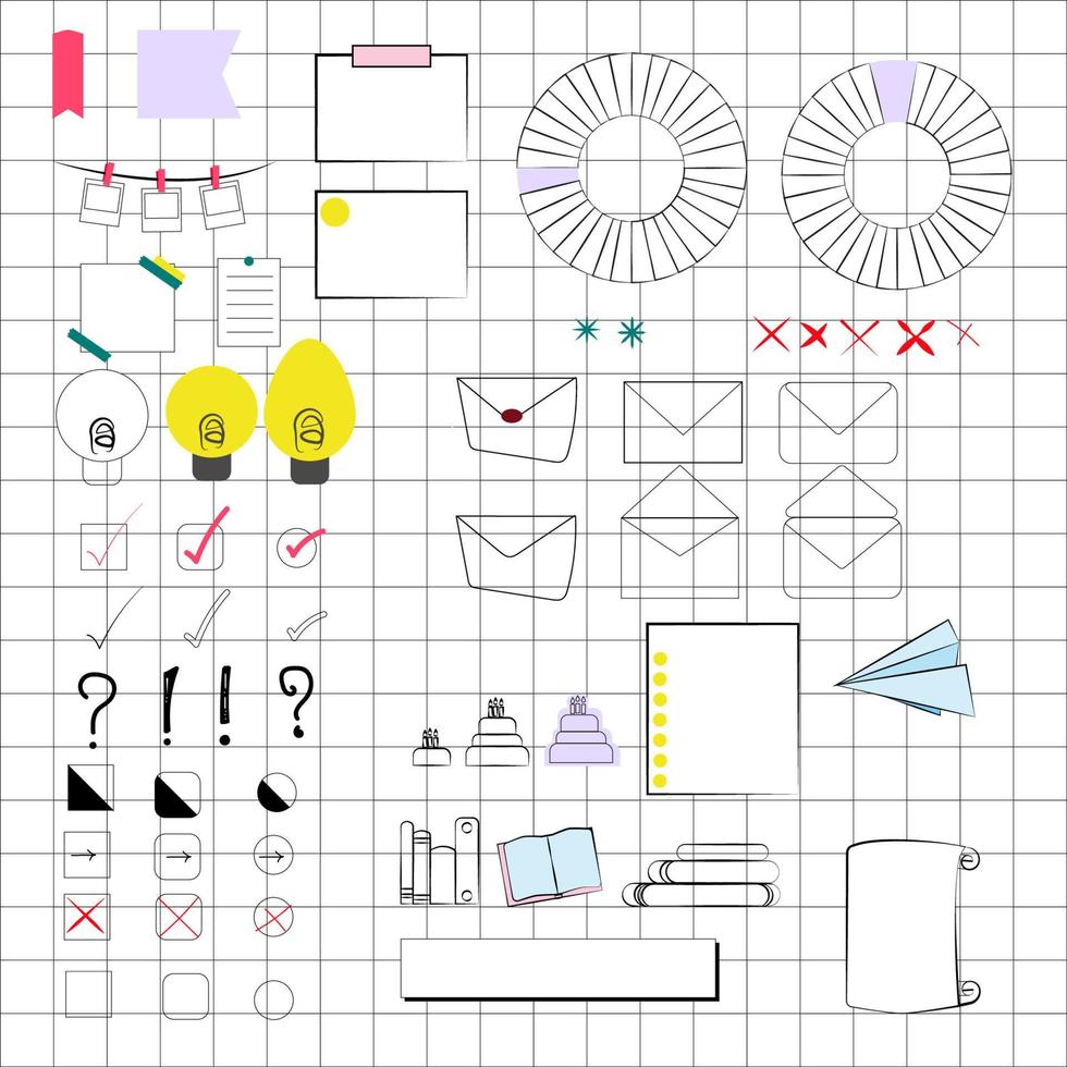 kogel logboek getrokken elementen reeks geïsoleerd voor notitieboekje vector