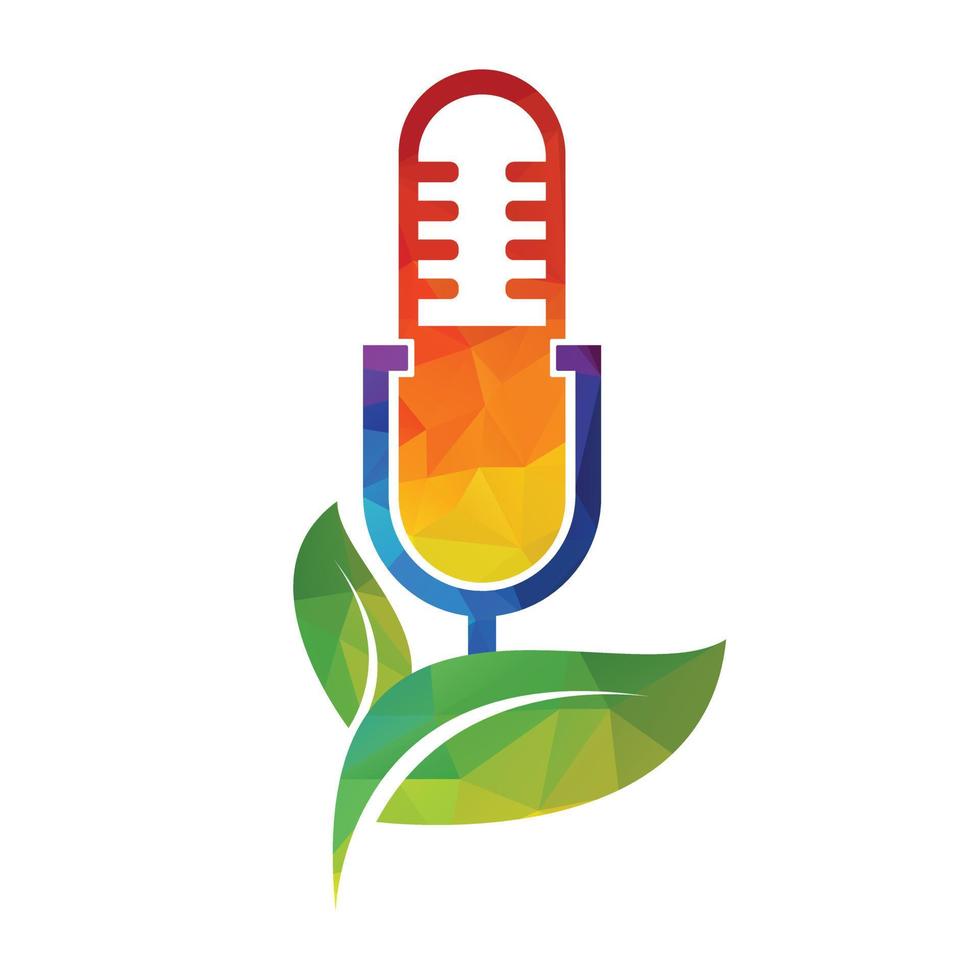 podcast blad natuur ecologie vector logo ontwerp. podcast talkshow-logo met microfoon en bladeren.