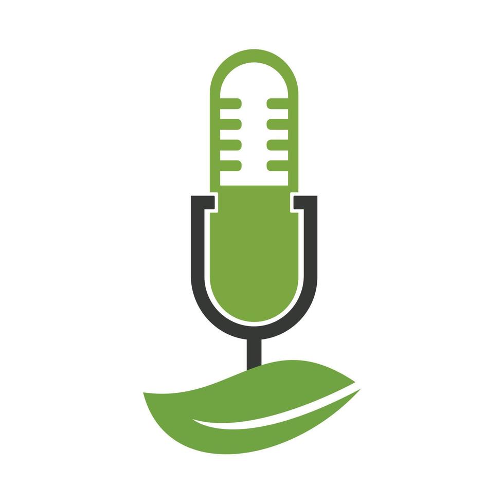 podcast blad natuur ecologie vector logo ontwerp. podcast talkshow-logo met microfoon en bladeren.