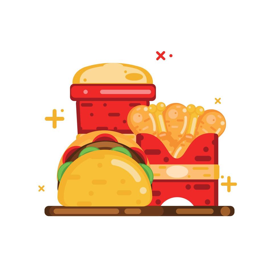 taco's, gebakken kip en drinken snel voedsel illustratie en icoon voedsel en drankjes icoon geïsoleerd vector