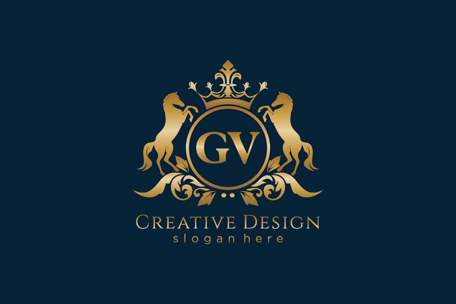 eerste gv retro gouden kam met cirkel en twee paarden, insigne sjabloon met scrollt en Koninklijk kroon - perfect voor luxueus branding projecten vector