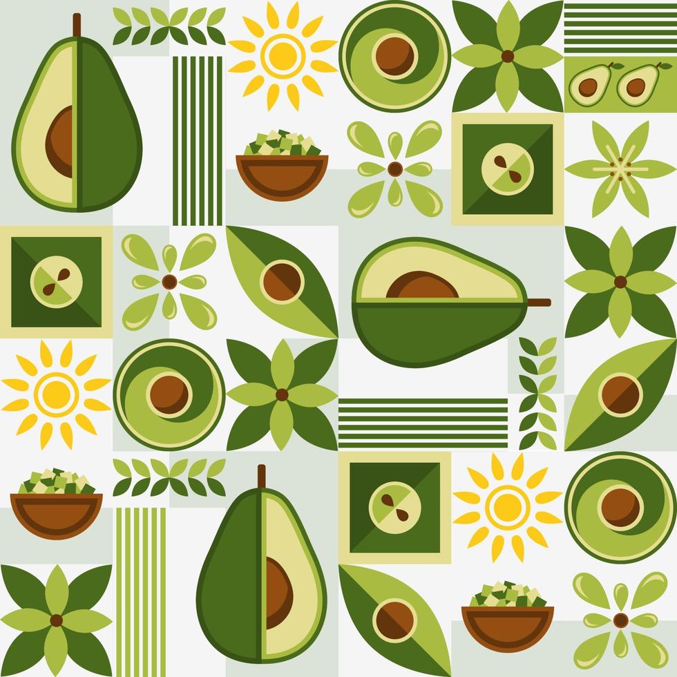 naadloos achtergrond met avocado en abstract meetkundig vormen. gemakkelijk minimaal stijl. mooi zo voor branding, decoratie van voedsel pakket, Hoes ontwerp, decoratief huis keuken prints vector