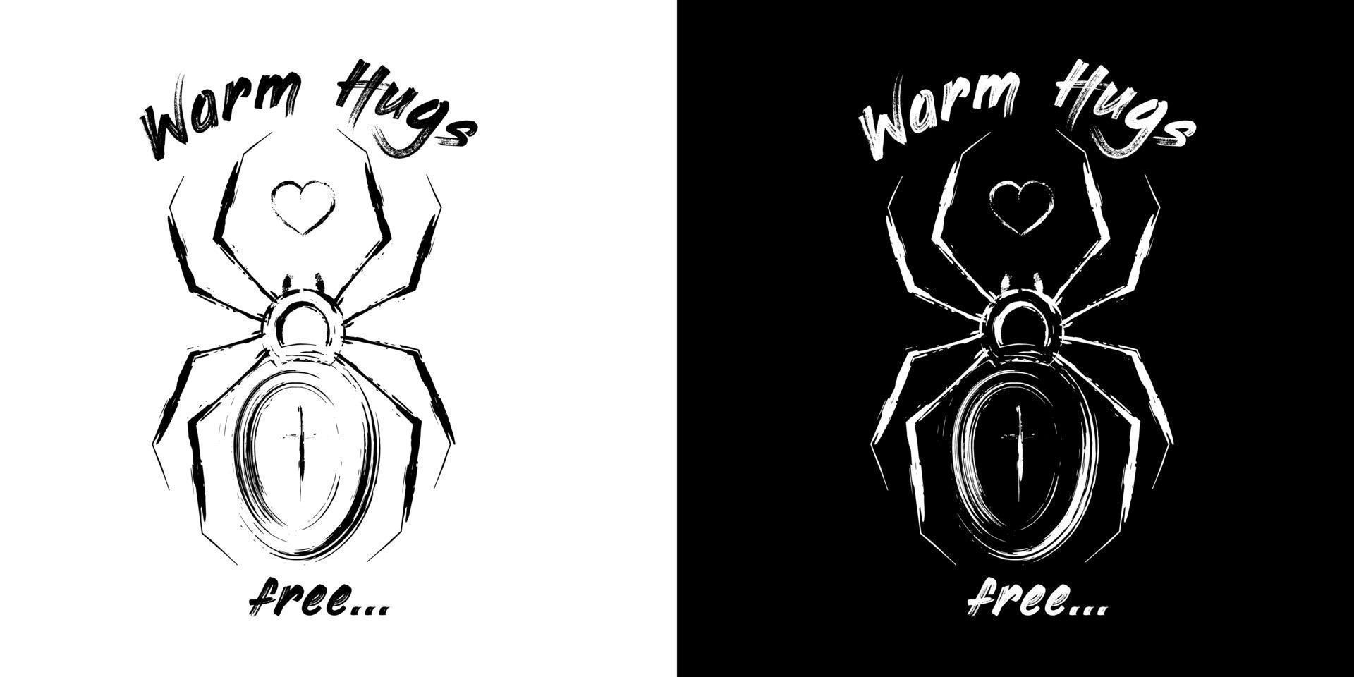 halloween monochroom wijnoogst embleem met spin, hart, tekst warm knuffels in schetsen stijl. grunge ongelijk verf borstel slagen, uitstrijkjes. ontwerp elementen voor halloween decoratie, t-shirt ontwerp. vector