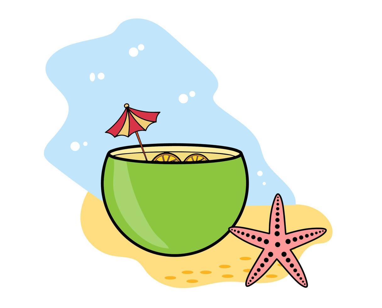 kokosnoot drinken Aan de strand met zeester vector