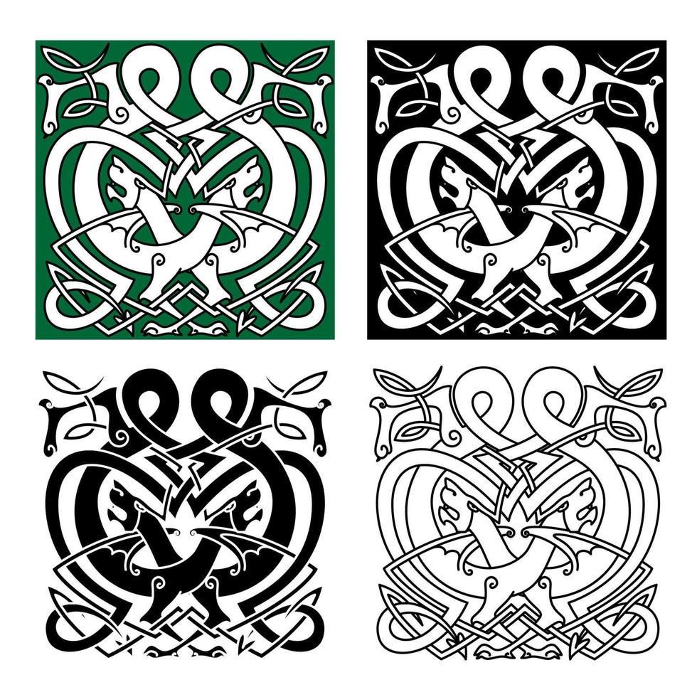 vechten draken met keltisch knoop ornamenten vector