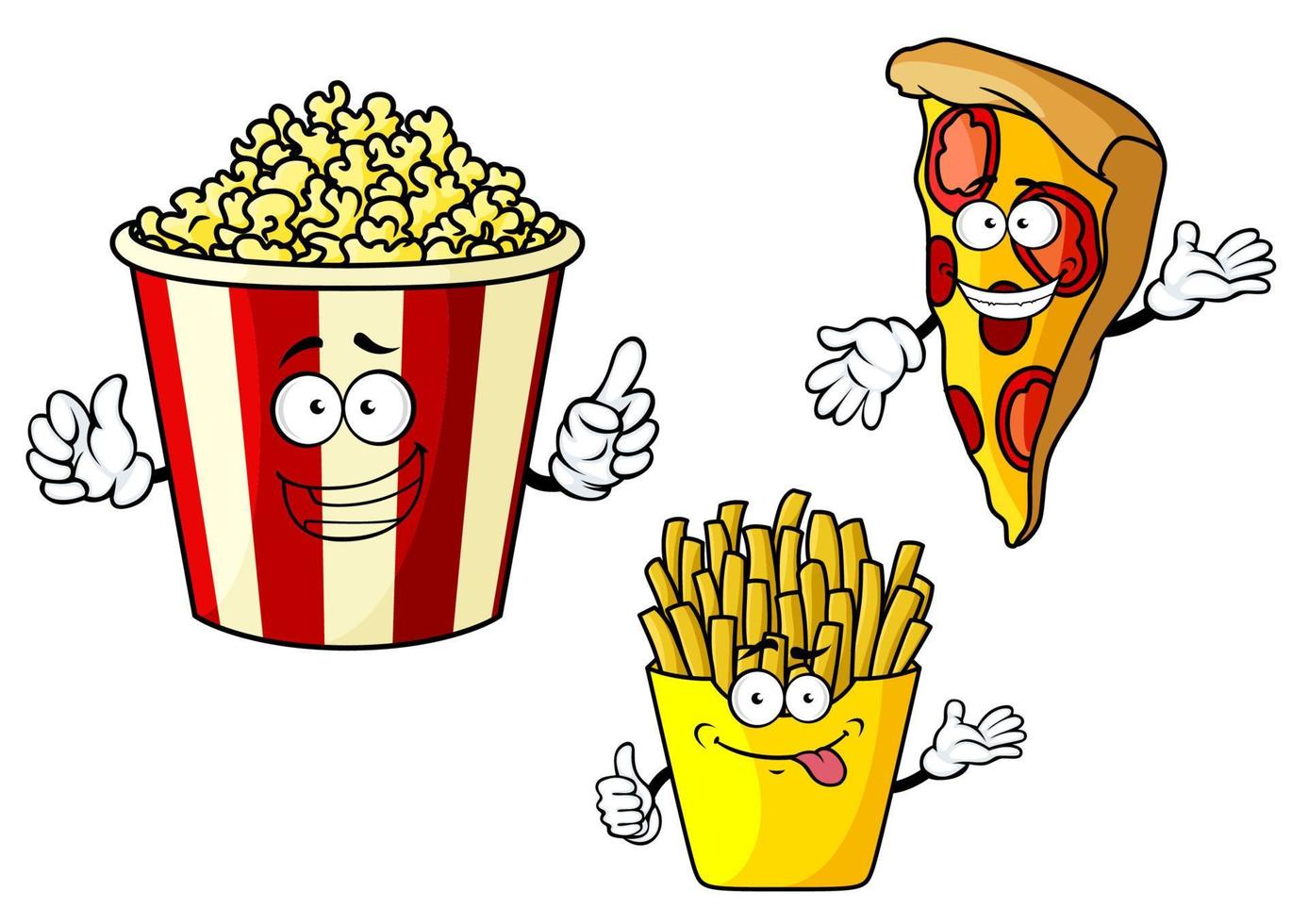 pizza, Frans Patat, popcorn tekenfilm tekens vector