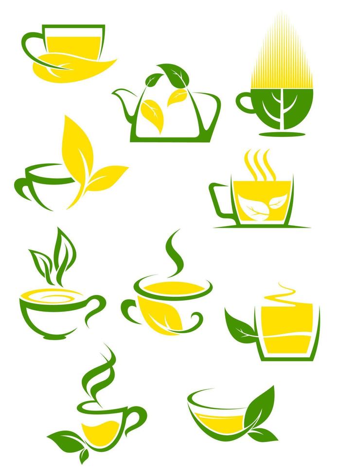 groen thee pictogrammen met geschetst cups en theepot vector