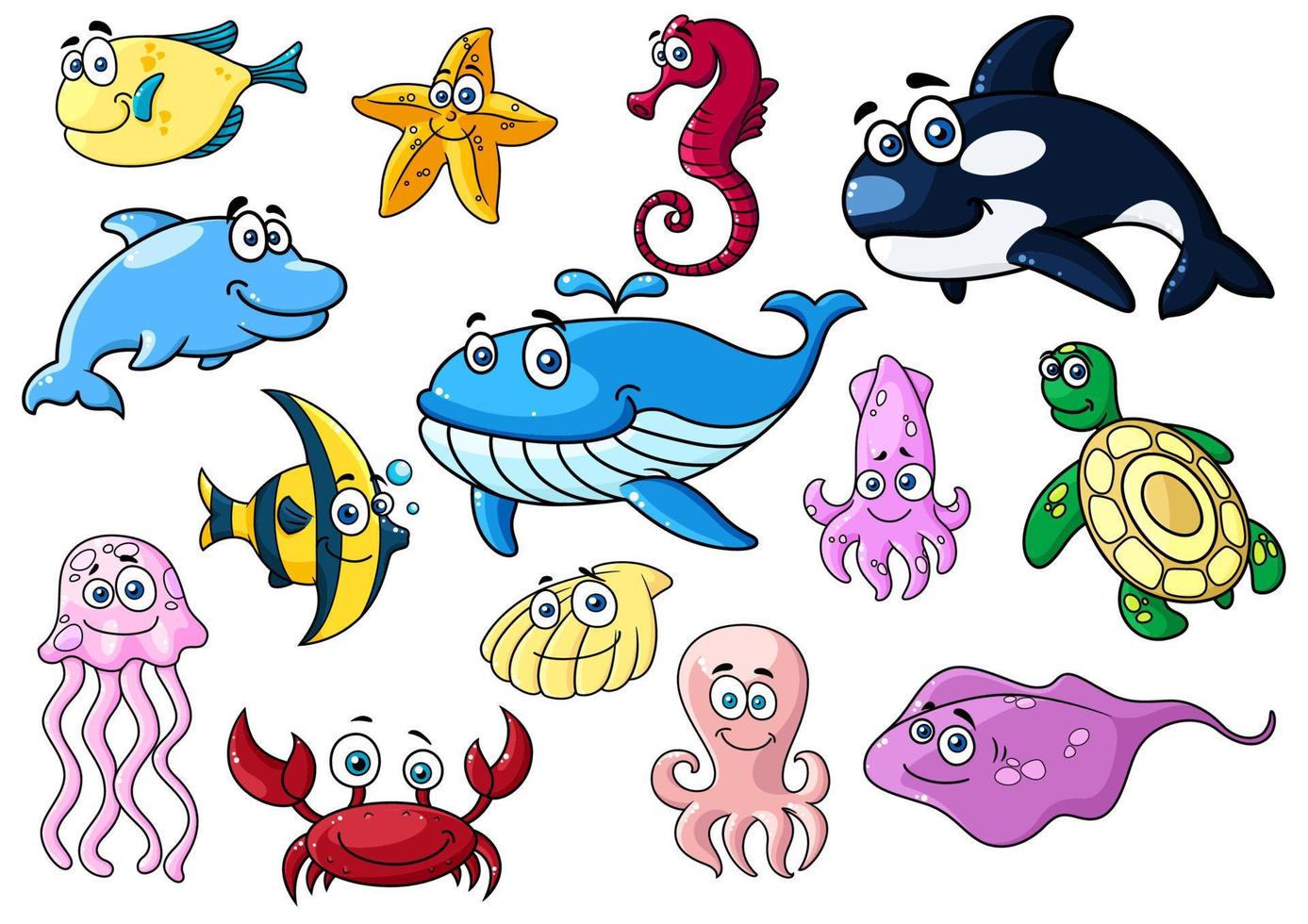 tekenfilm zee dieren met gelukkig emoties vector