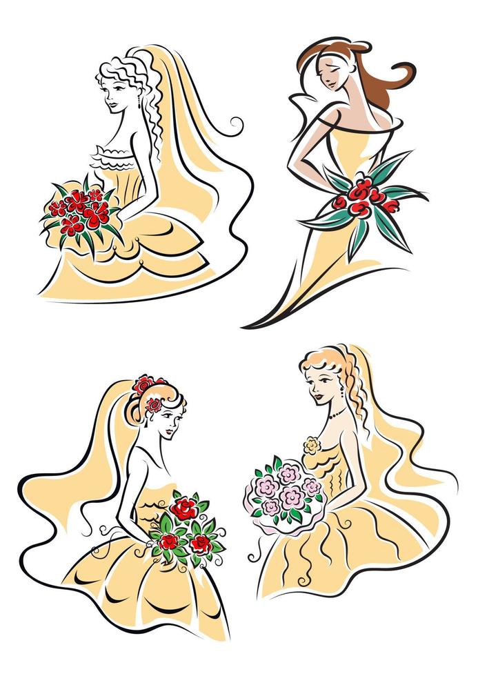 gelukkig schets bruiden met weelderig boeketten vector