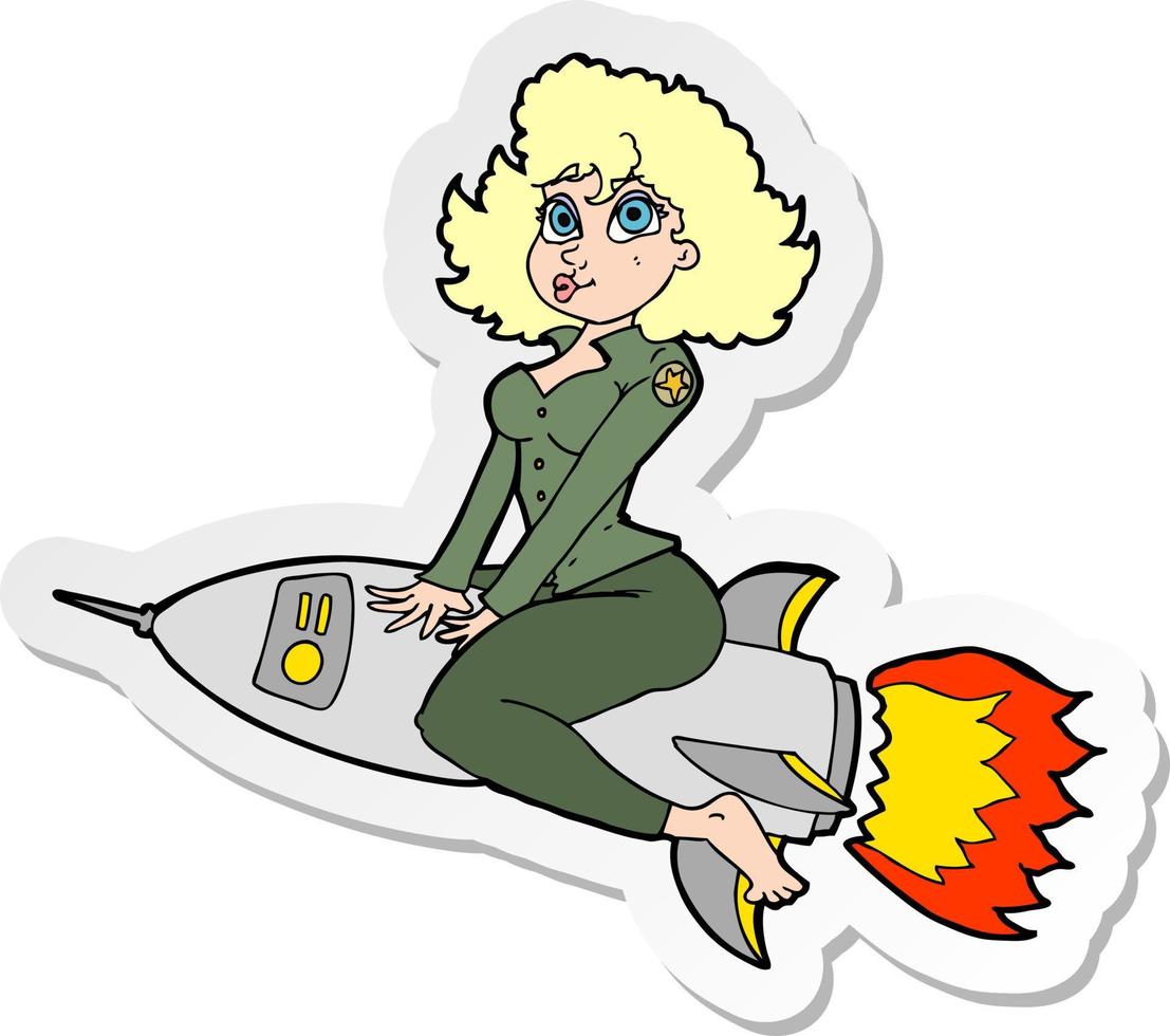 sticker van een tekenfilm leger pin omhoog meisje rijden raket vector