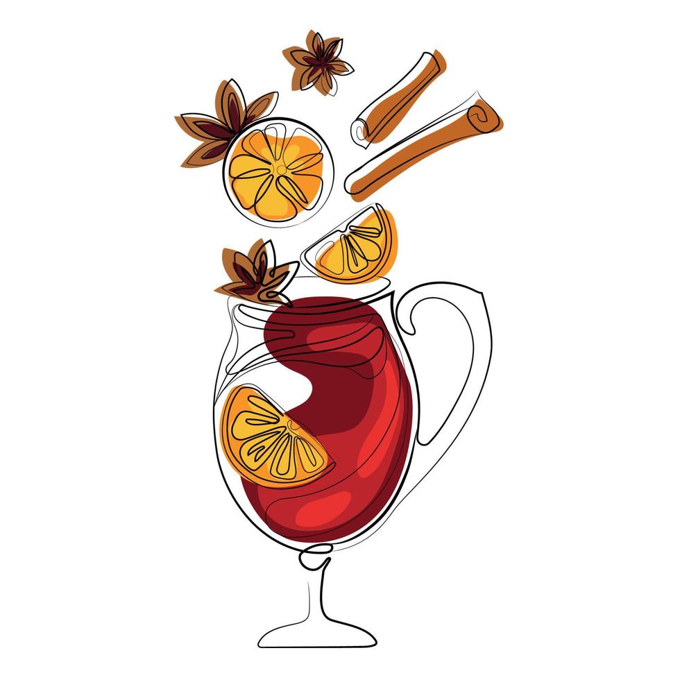 overwogen wijn met glas en vliegend ingrediënten vector hand- getrokken illustratie Aan wit .kaneel stok, anijs sterren, oranje plak.rood overwogen wijn.winter drinken ontwerp element,embleem,pictogram,logo.