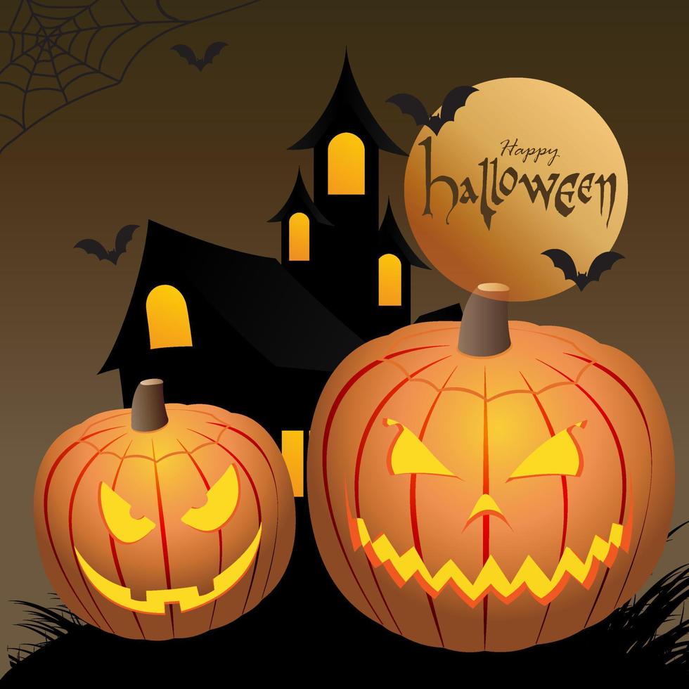 halloween eng pompoen achtervolgd huis achtergrond. spookachtig begraafplaats en achtervolgd huis Bij nacht tekenfilm illustratie. verschrikking maan, vleermuizen, griezelig pompoen, en graven silhouetten achtergrond. vector