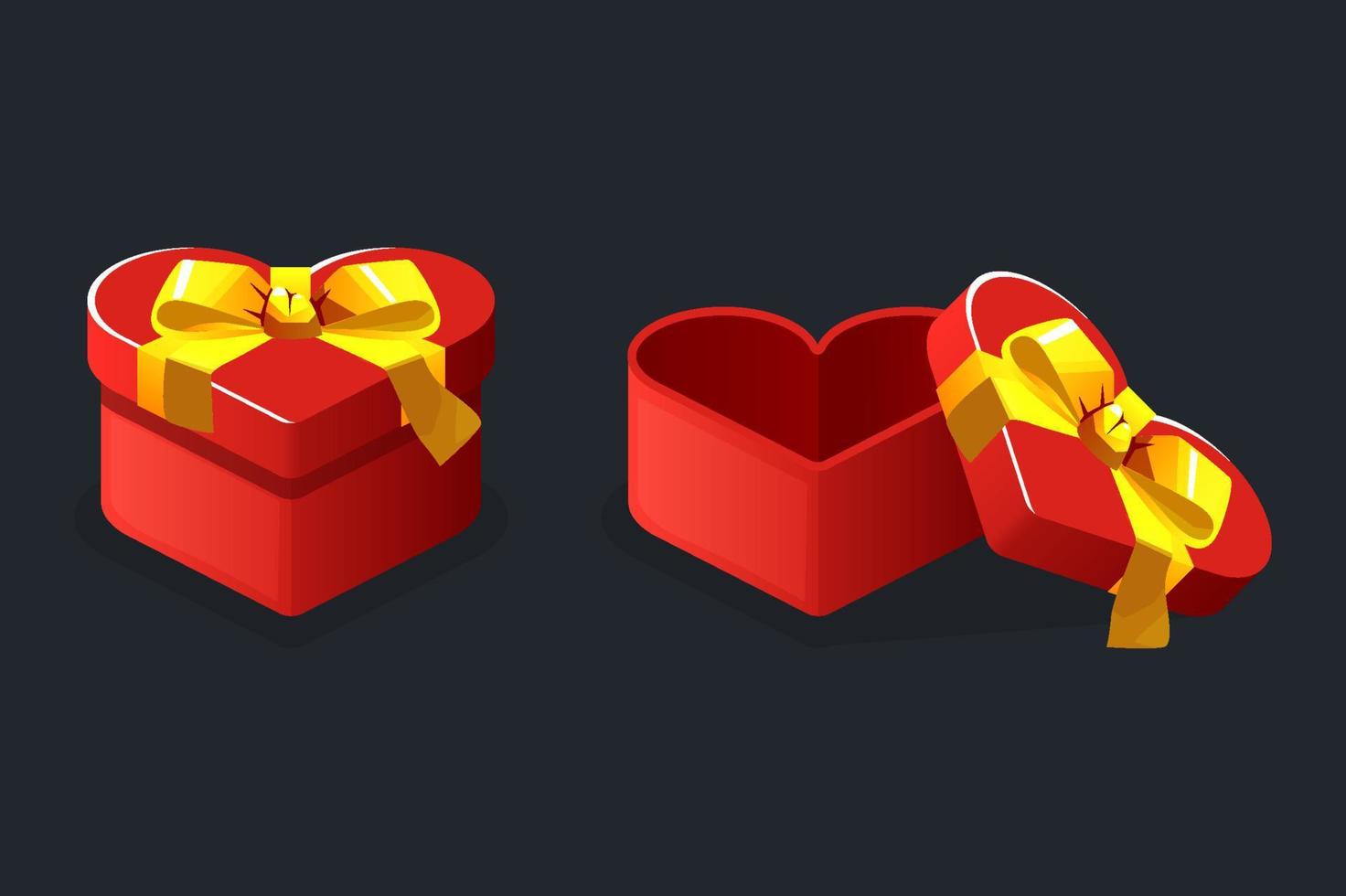 Open en Gesloten rood hart vormig cadeaus dozen voor spellen. vector illustratie reeks leeg doos met boog grafisch element.