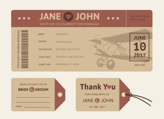 Gratis Vector Retro Wedding Plane Ticket