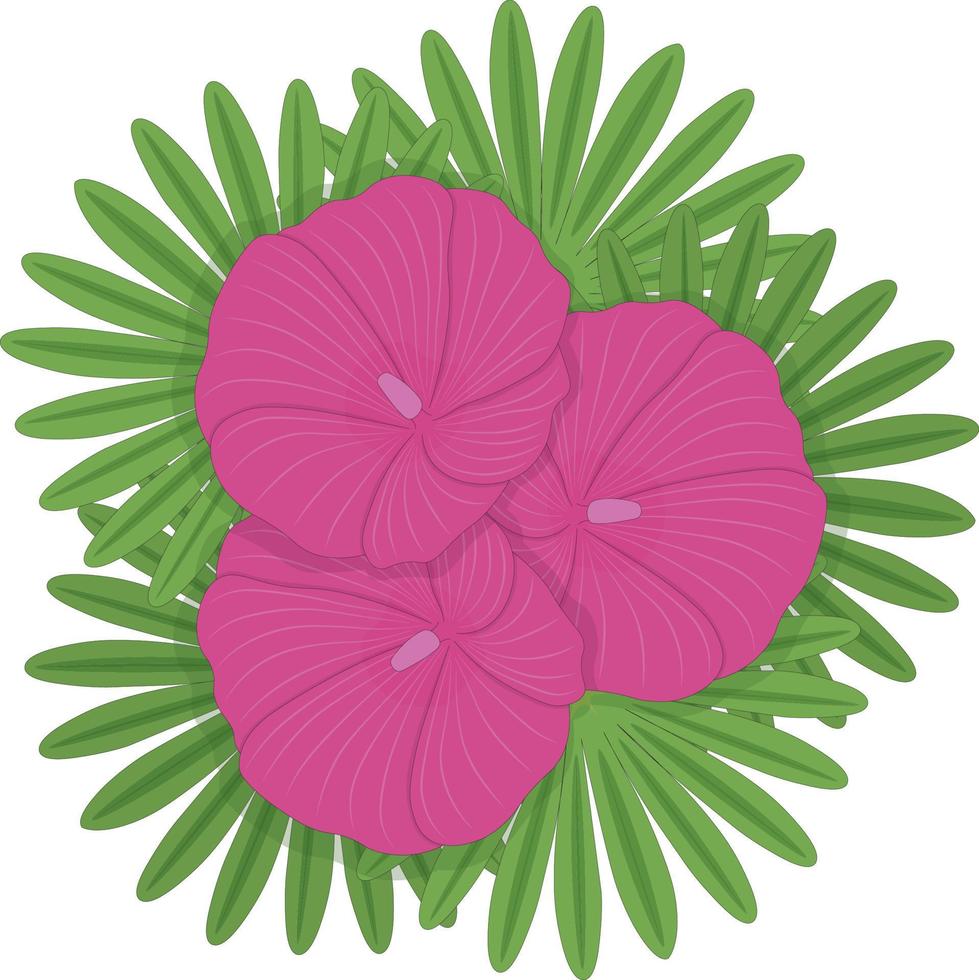 drie roze stockrozen Aan groen bladeren bloem samenstelling vector illustratie