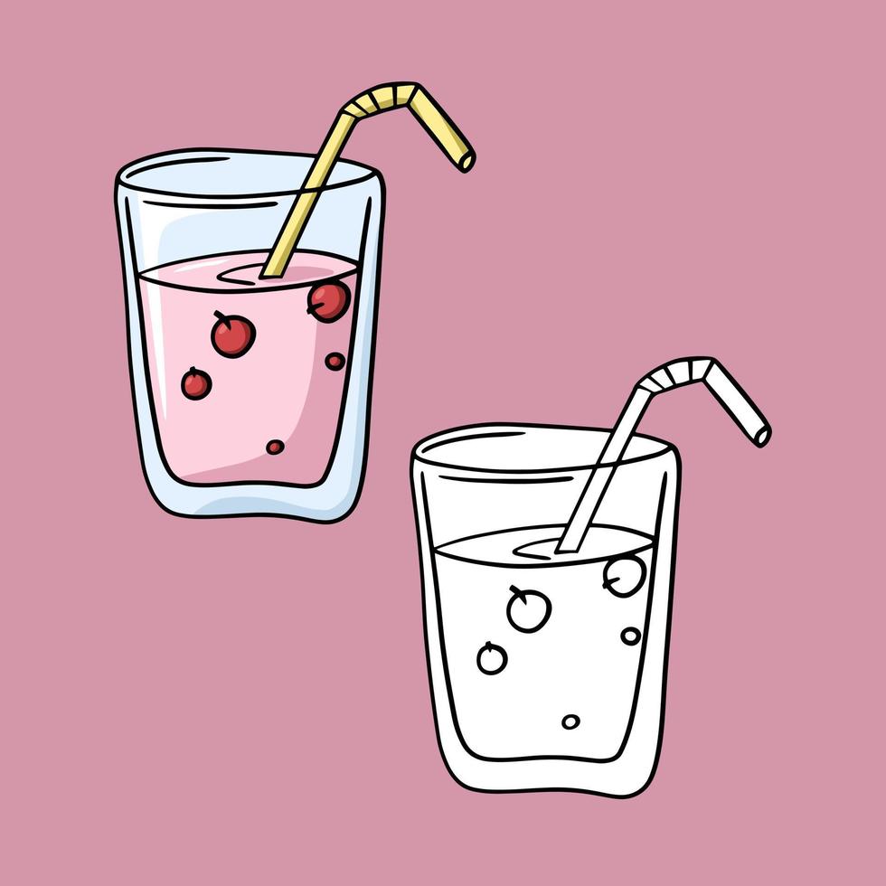 een reeks van pictogrammen. roze milkshake met bessen in een glas glas, vector illustratie in tekenfilm stijl Aan een gekleurde achtergrond