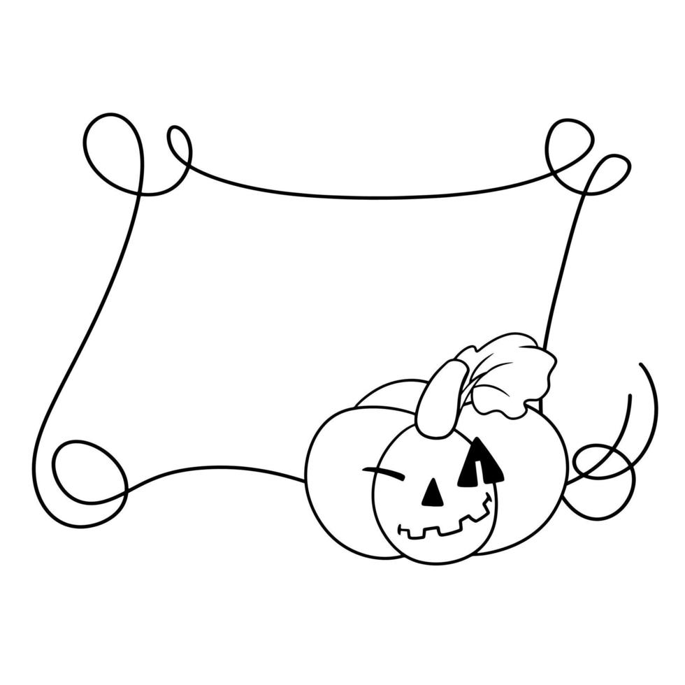 monochroom halloween kader met krullen, pompoen knipoogt, kopiëren ruimte, vector illustratie in tekenfilm stijl