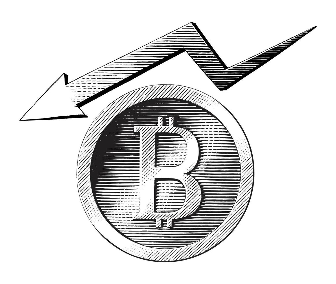 bitcoin symbool met naar beneden trand hand- trek wijnoogst gravure stijl vector