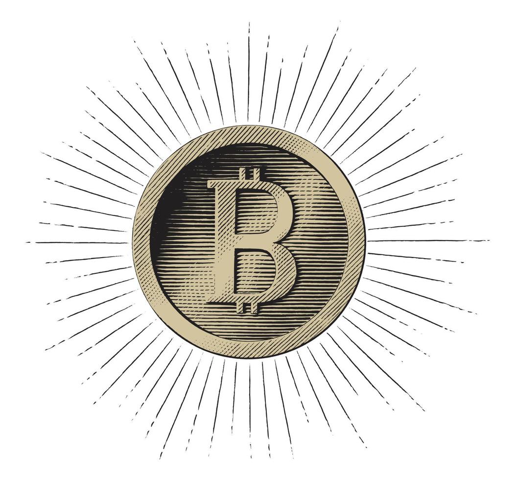 bitcoin met straal hand- trek wijnoogst gravure stijl vector