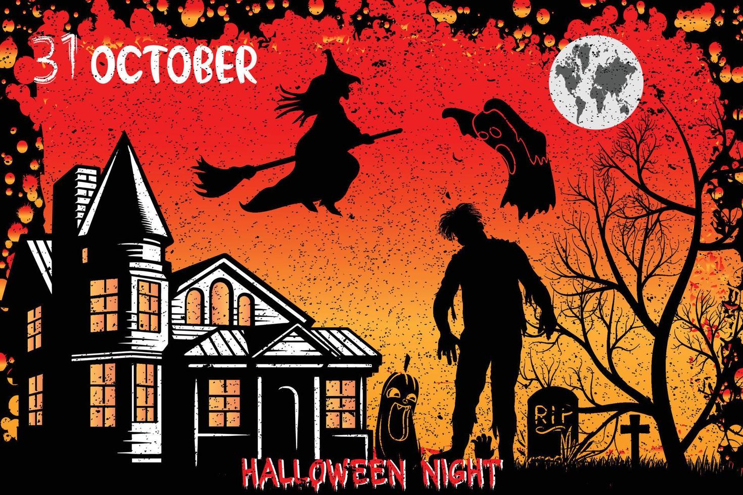 gelukkig halloween met nacht en zombie huis achtergrond vector