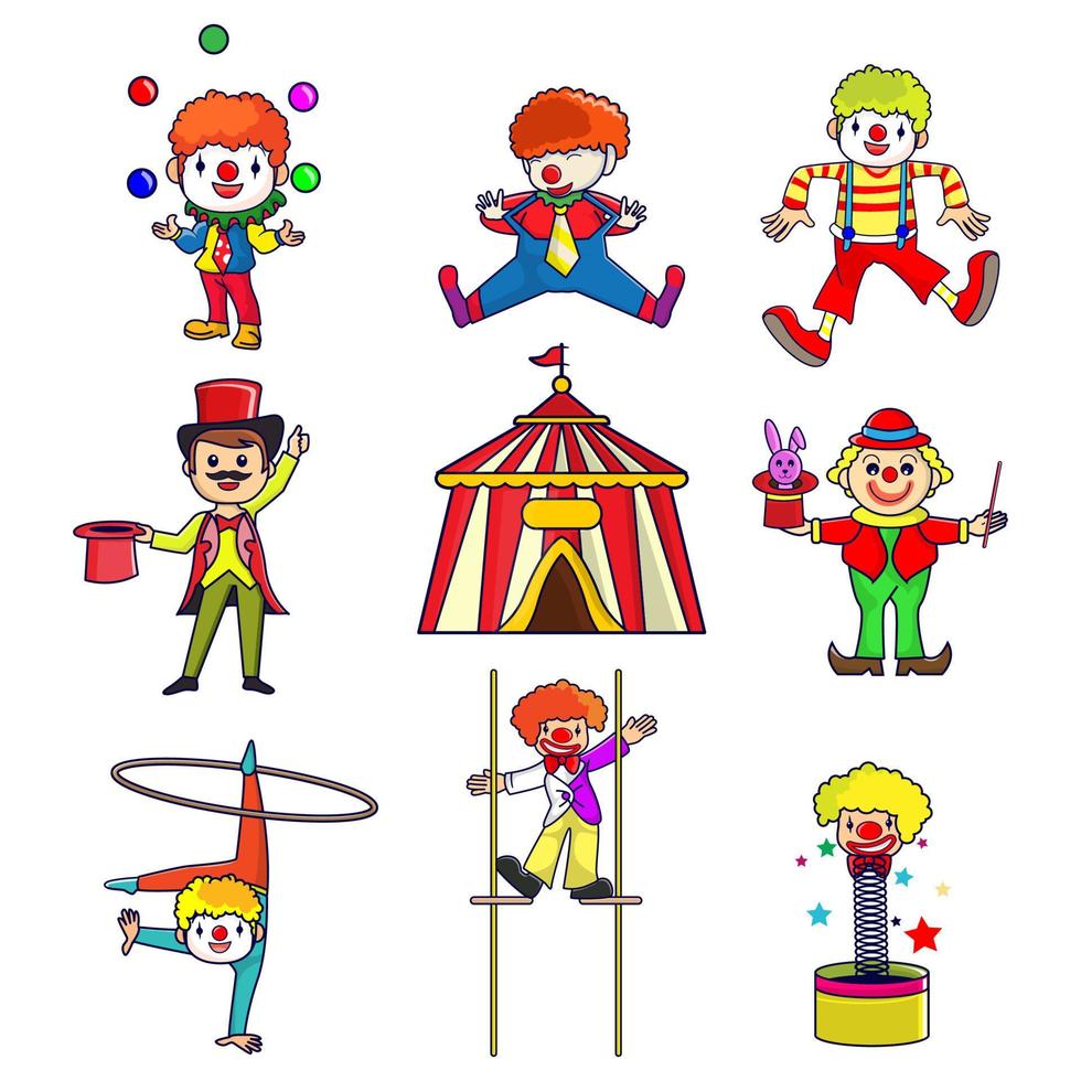 circus dier elementen set. circus clowns. tekenfilm clown jongleren, grappig clowns neus- kostuum met ballon, lachend clowns gezicht. vector illustratie geïsoleerd pictogrammen reeks