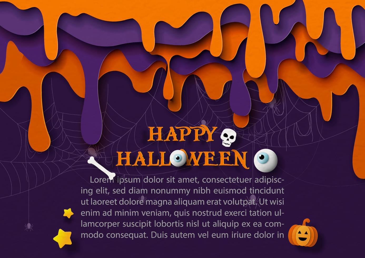 detailopname en Bijsnijden onheil bloed laten vallen naar beneden in laag en papier besnoeiing stijl met gelukkig halloween brieven, teken van halloween en voorbeeld teksten Aan spin web en donker Purper achtergrond. vector