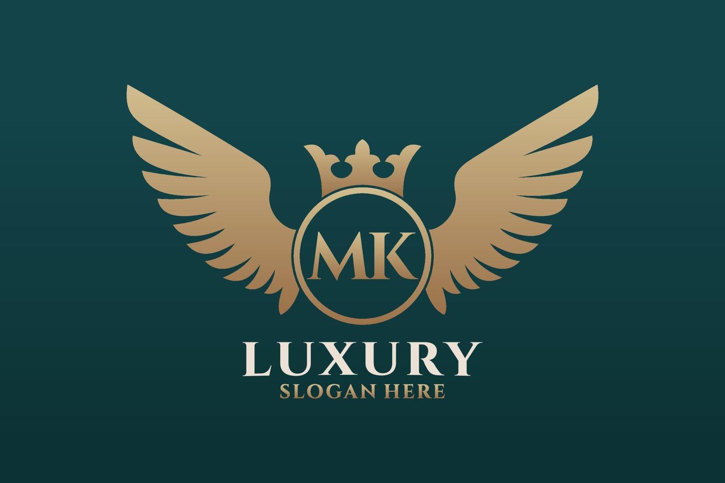 luxe Koninklijk vleugel brief mk kam goud kleur logo vector, zege logo, kam logo, vleugel logo, vector logo sjabloon.