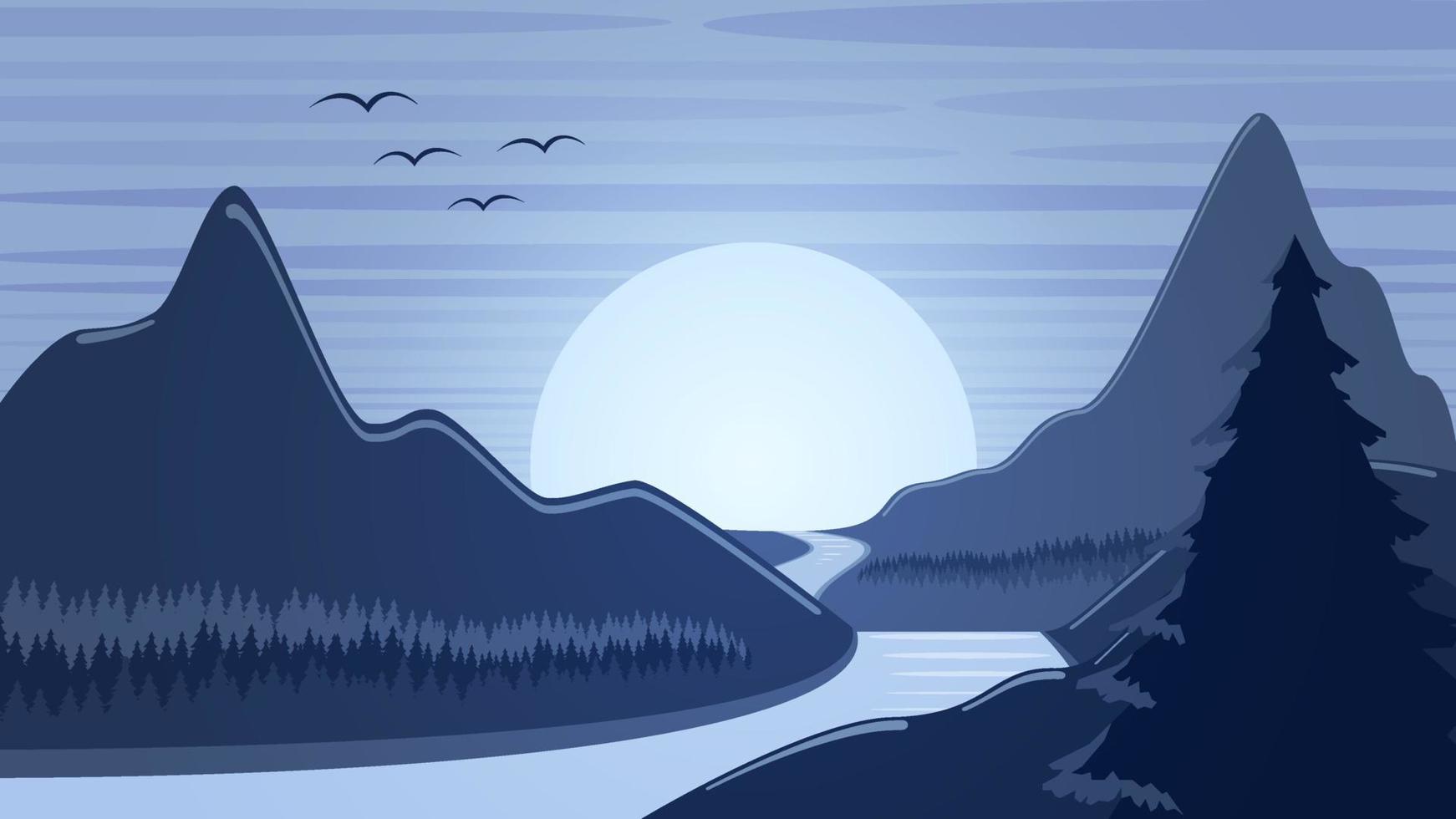 vector landschap. blauw zonsondergang over- een berg rivier. voorraad achtergrond.