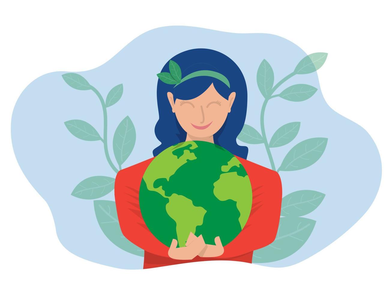 wereld aarde dag groene eco-energie, jonge vrouw omhelst de planeet aarde met wereld aarde dag en red het planeetconcept van behoud, bescherming en redelijk verbruik van natuurlijke hulpbronnen. vector