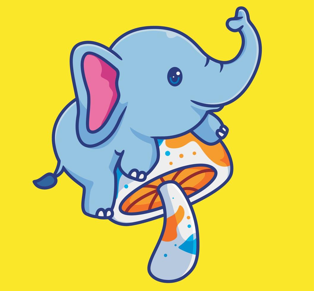 schattig olifant beklimmen de reusachtig paddestoel kleurrijk. geïsoleerd tekenfilm dier illustratie. vlak stijl sticker icoon ontwerp premie logo vector. mascotte karakter vector