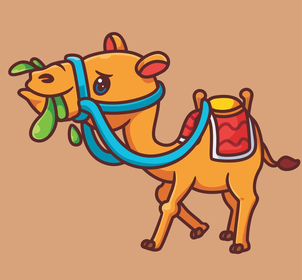 schattig kameel met uitrusting voor reizen. geïsoleerd tekenfilm dier illustratie. vlak stijl sticker icoon ontwerp premie logo vector. mascotte karakter vector