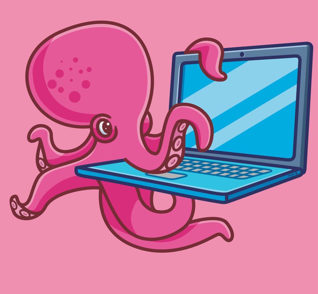 schattig Octopus werknemer werken hacker. geïsoleerd tekenfilm dier natuur illustratie. vlak stijl sticker icoon ontwerp premie logo vector. mascotte karakter vector