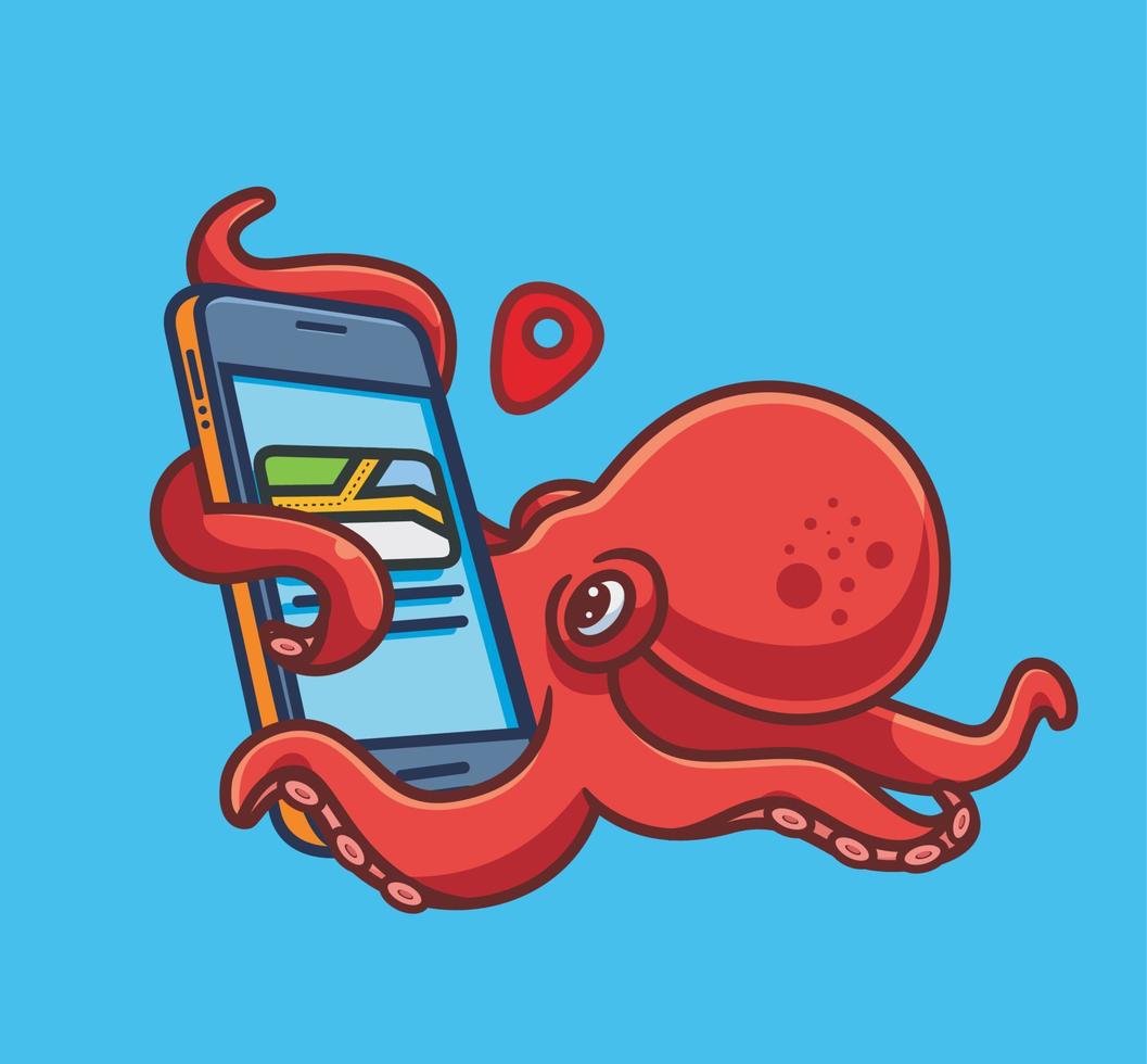 schattig Octopus op zoek voor kaarten route. geïsoleerd tekenfilm dier illustratie. vlak stijl sticker icoon ontwerp premie logo vector. mascotte karakter vector