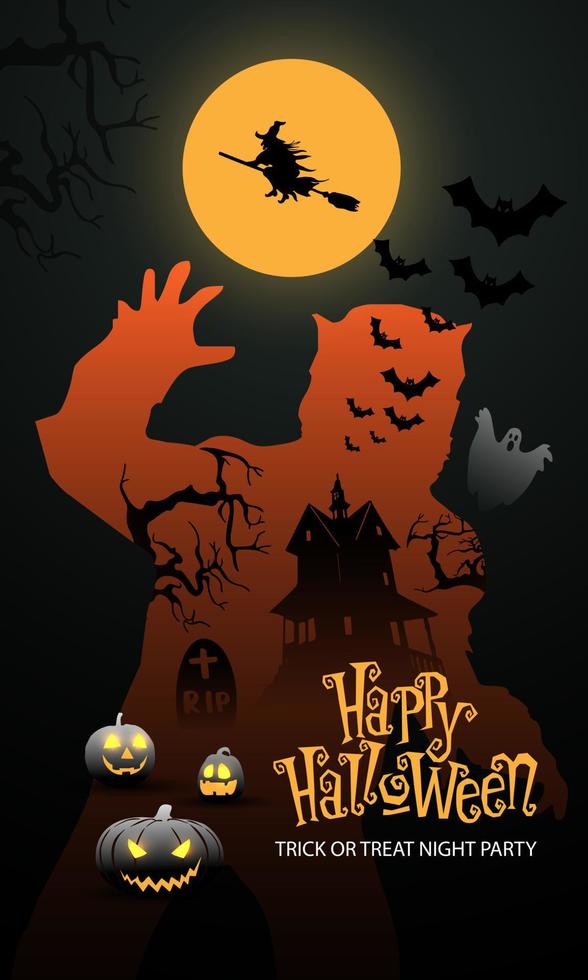 gelukkig halloween nacht partij vakantie festival viering oranje zombie en vol maan ontwerp vector