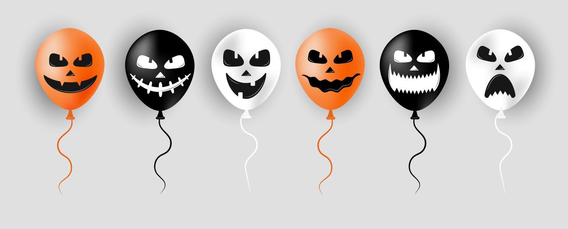 halloween ballonnen. eng lucht oranje, zwart en wit ballonnen. griezelig gezicht Aan ballon voor uitverkoop banners of poster. vakantie tekenfilm karakter. vector illustratie in vlak stijl.