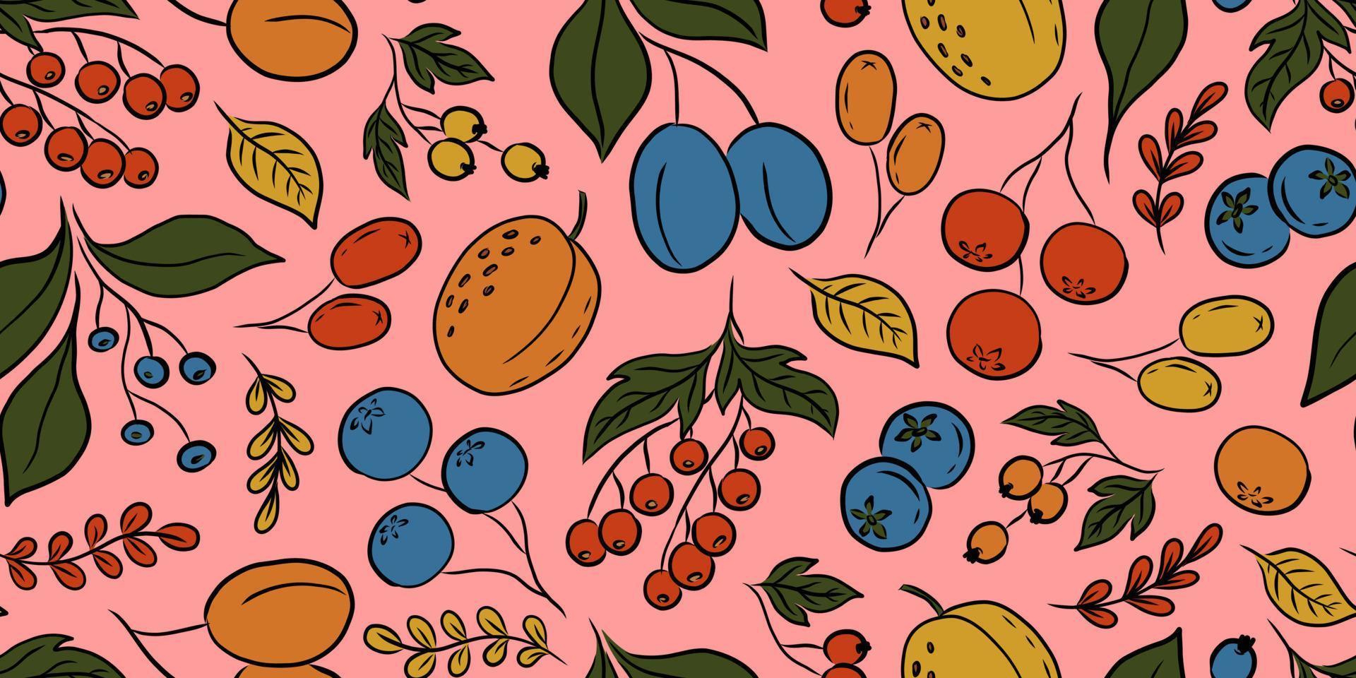 roze vector naadloos patroon met kleurrijk fruit en bessen