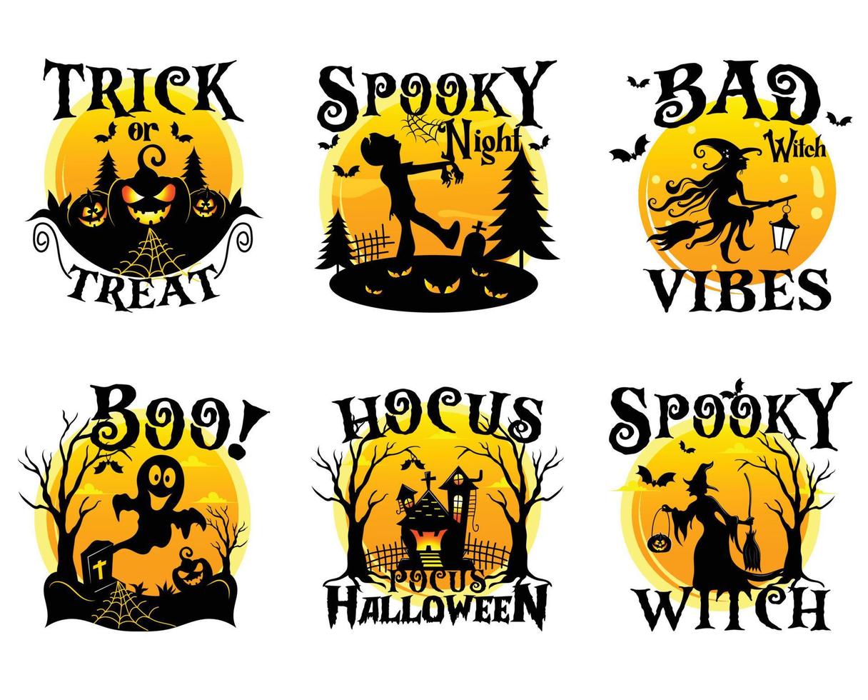 reeks van halloween belettering met geel maan achtergrond. t-shirt vector ontwerp