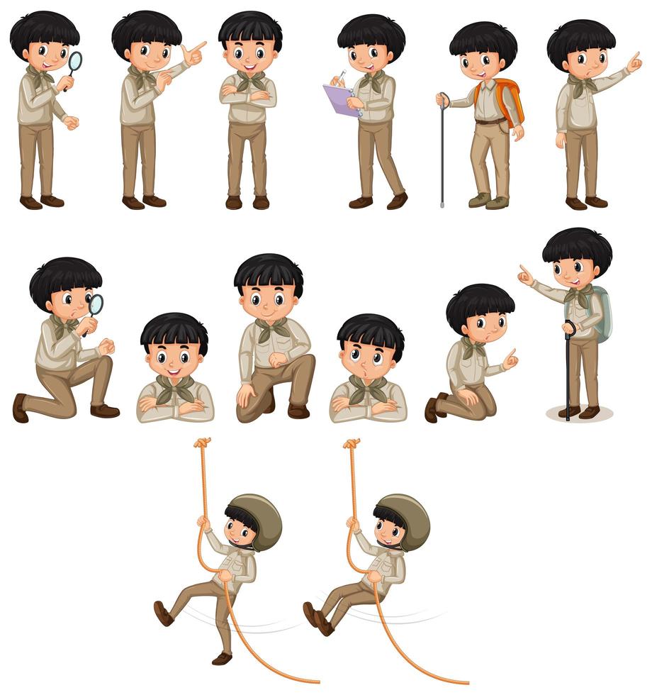 jongen in safari-outfit doen vele activiteiten set vector